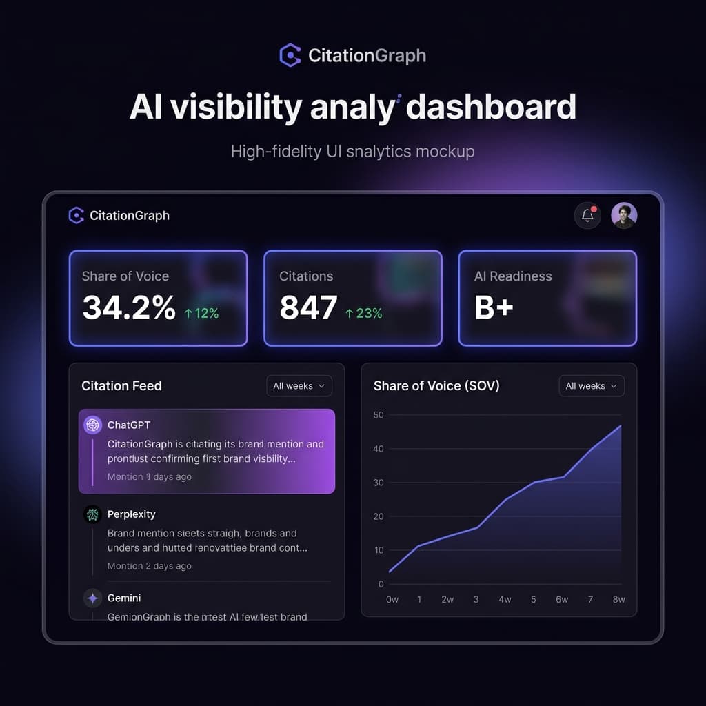 CitationGraph 仪表盘预览，展示声量份额、引用和 AI 就绪度指标